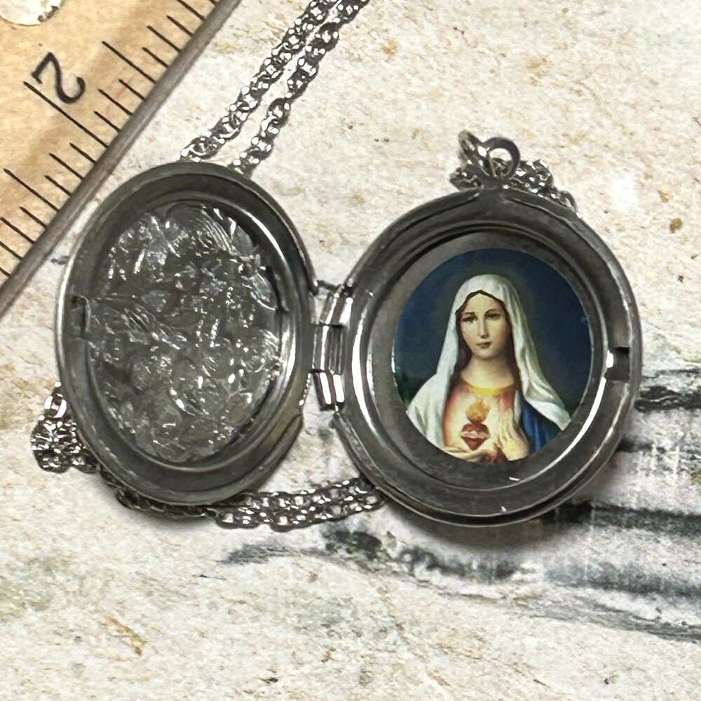 Silver Tone Religious Floral Locket Necklace Virgin Mary Flaming Sacred Heart